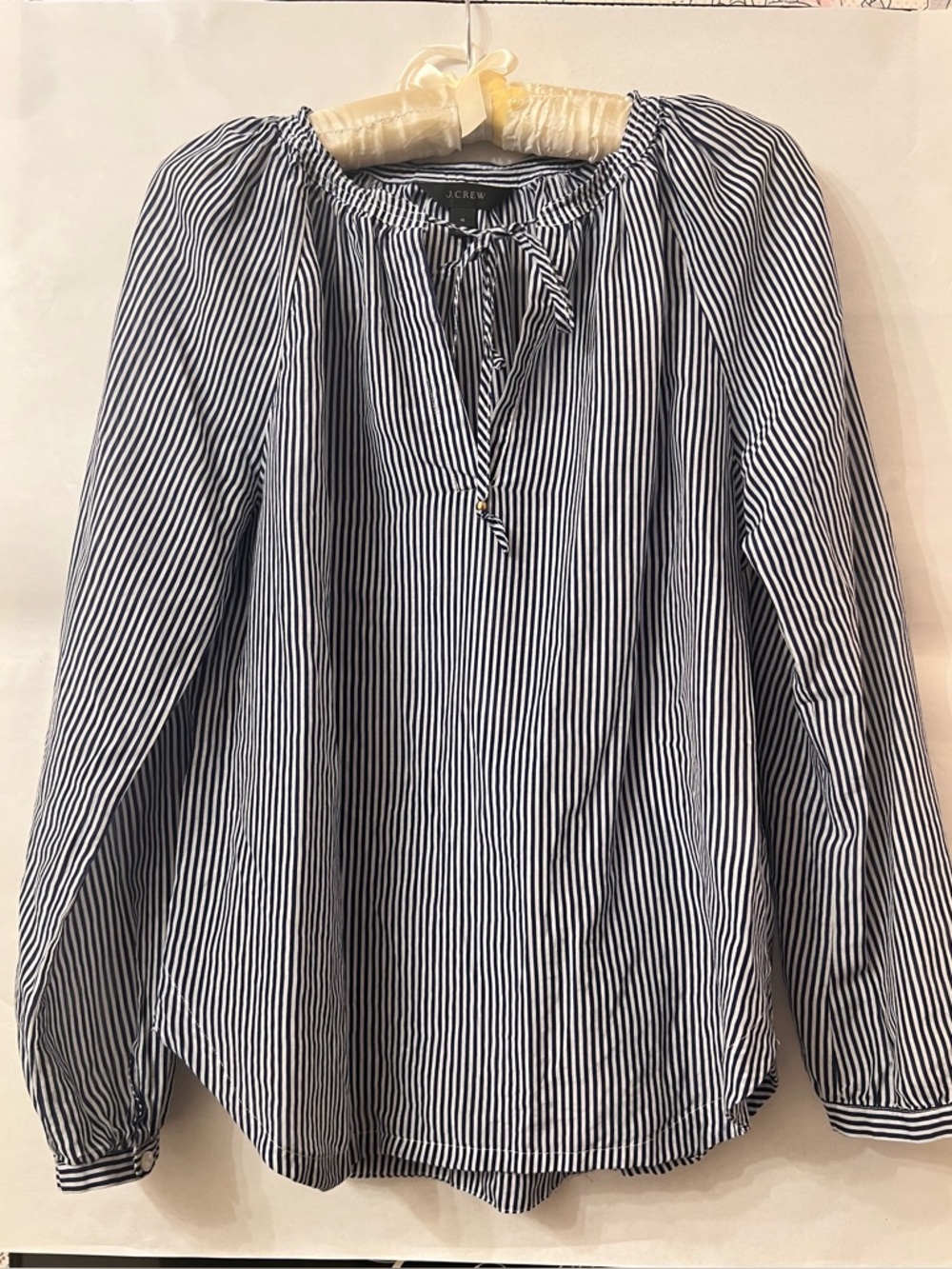 J. Crew Navy & White Silk & Cotton Striped Blouse | Drawstring Round Collar